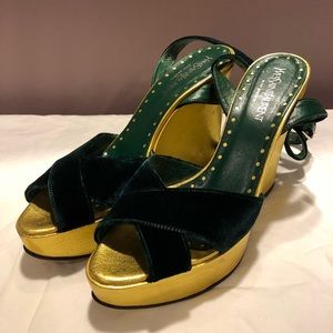 YSL Peep toe metallic gold and velvet wedge
